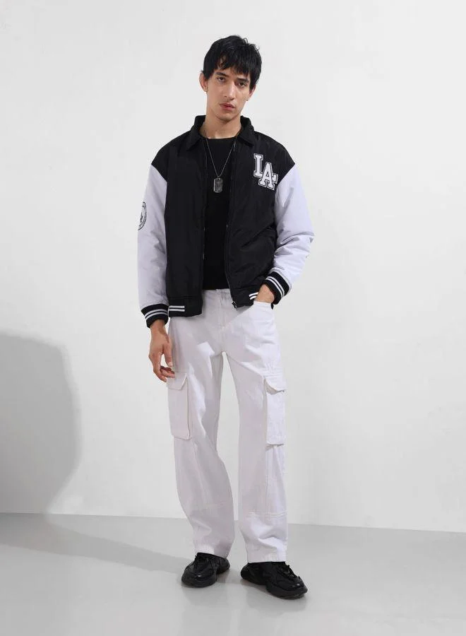 ذا انديان كراج كو Men Relaxed Fit Applique Polo Neck Full Sleeves Varsity Jacket
